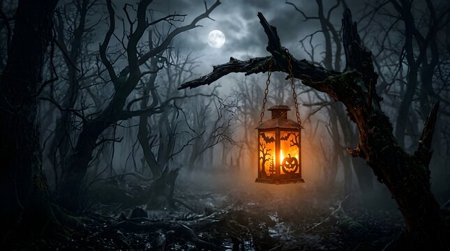 Glowing Halloween lantern hanging from a dark tree branch in a spooky misty forest at night