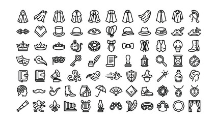 Collection of vintage style icons featuring clothing accessories fashion symbols and fantasy medieval adventure items © Life