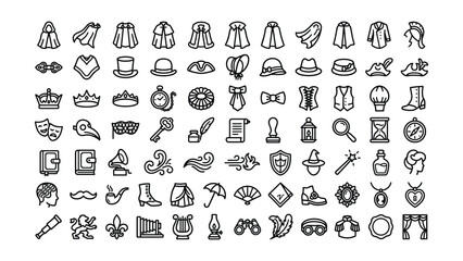 Collection of vintage style icons featuring clothing accessories fashion symbols and fantasy medieval objects on transparent background © Life