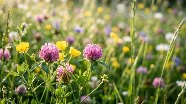 Beautiful meadow with blooming red clover and yellow buttercup flowers in the soft morning sunlight