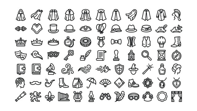 Collection of vintage style icons featuring clothing accessories fashion symbols and fantasy medieval adventure items
