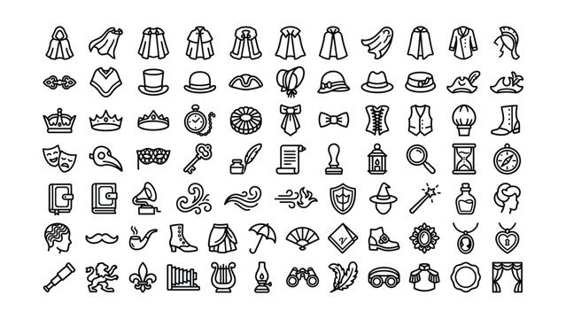 Collection of vintage style icons featuring clothing accessories fashion symbols and fantasy medieval objects on transparent background