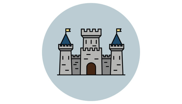 Medieval stone castle icon featuring multiple towers with blue roofs and yellow flags set within a light blue circular background.