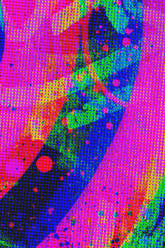 Abstract halftone background dot pattern with thick diagonal brushstrokes in magenta, blue, and green street art colors. Pairs with neon and retrofuturism aesthetic for a music album cover.