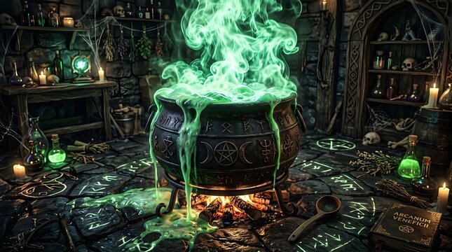 Overflowing magic cauldron with glowing green potion in a dark mystical wizard laboratory