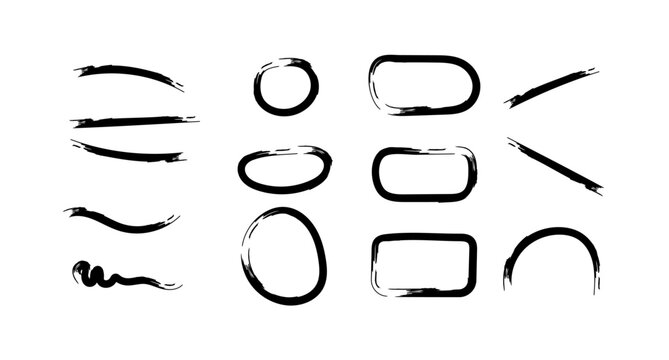 Black ink brush strokes set including geometric frames ovals and wavy lines for artistic design projects and handcrafted digital graphic illustrations.