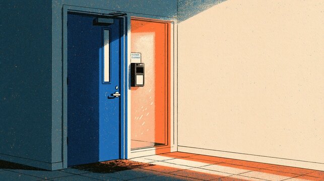 Access controlled office door at first light with a badge reader in a retro print illustration with a modern graphic look and an uncluttered frame