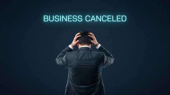 Business canceled neon text over stressed businessman, frustrated entrepreneur facing bankruptcy, corporate failure and economic crisis