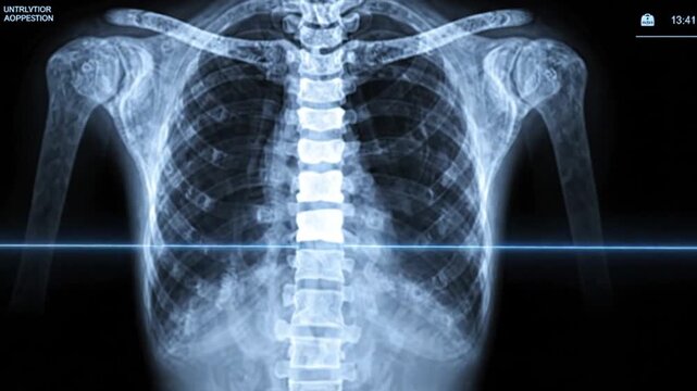 Blue Laser Light Scanning Down a Human Chest and Spine X-ray Screen