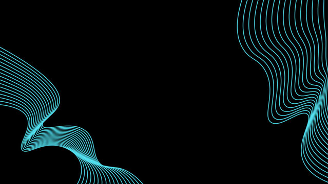 Cyan blue linear line art vector backdrop with dynamic wavy wireframe lines on dark landscape background for presentation slides, pitch decks web landing pages and digital banners