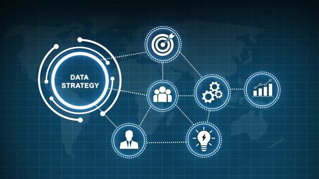 Data strategy concept infographic with connected digital network nodes, global business analytics modern technology interface, and futuristic information management system visualization