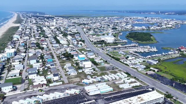 Aerial View of Atlantic Beach NC Oceanfront and Coastal Homes, rentals and business on Crystal coast