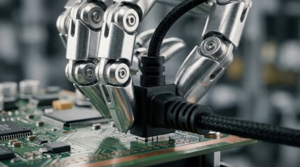 Fototapeta premium robot fingers inserting connector into circuit board with black cable sheath, aluminum joints, screws, and electronics assembly detail
