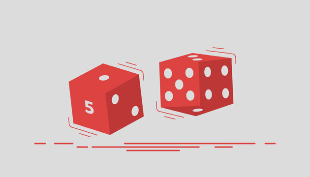 Pair of red cubic dice with white pips are shown rolling across a grey surface with motion lines indicating movement and action.