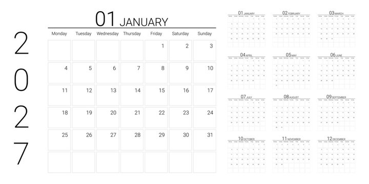 Calendar 2027. Schedule planner, monthly calendar of year 2027 in minimal style. Printable vector template