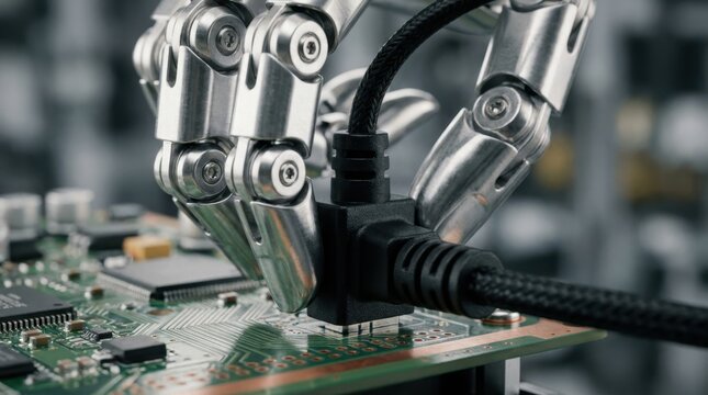 robot fingers inserting connector into circuit board with black cable sheath, aluminum joints, screws, and electronics assembly detail