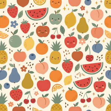 Cute doodle summer fruit seamless pattern