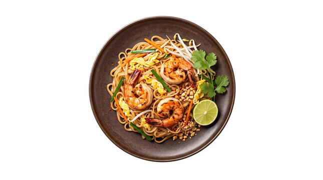 Shrimp pad thai noodles with lime, bean png on isolated transparent background