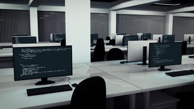 たくさんのPCのあるオフィスの3Dアニメーション　架空のコード表示