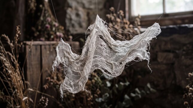 ragged tattered white gauze cloth hanging suspended in an old rustic barn
