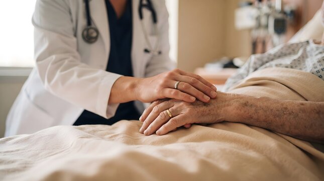 Doctor Gently Holding Elderly Patient's Hand on Hospital Bed, Empathy in Healthcare