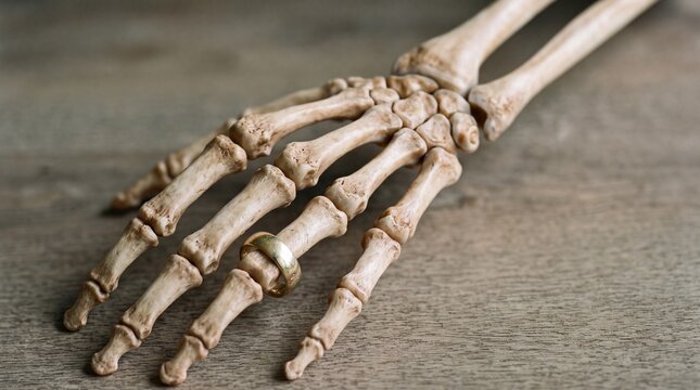 human skeleton hand with gold wedding ring resting on weathered wooden surface