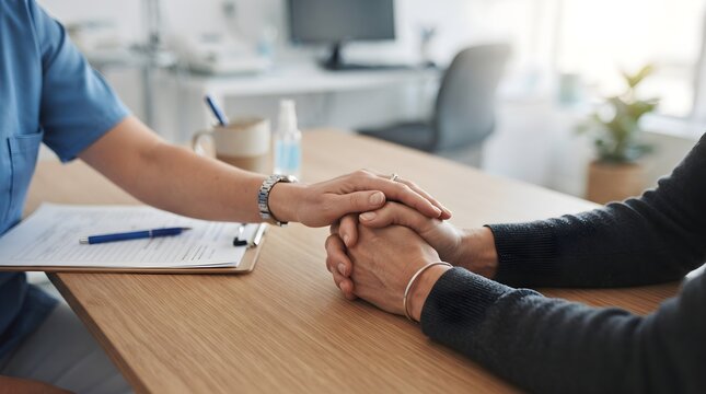 Physician Gently Holding Worried Patient's Clasped Hands at Clinic Desk