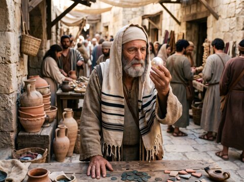 Merchant examining precious pearl in ancient marketplace parable