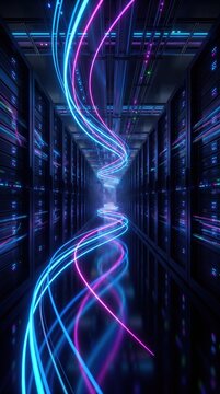 Dynamic neon light trails emerging from server racks illustrating high speed data processing and digital network flow.