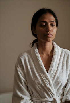 Self care and wellness, young woman in white bathrobe relaxing at home with calm expression for skincare routine and morning spa lifestyle portrait