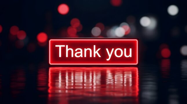 A vibrant red neon sign illuminated with the words thank you against a softly blurred bokeh nighttime background