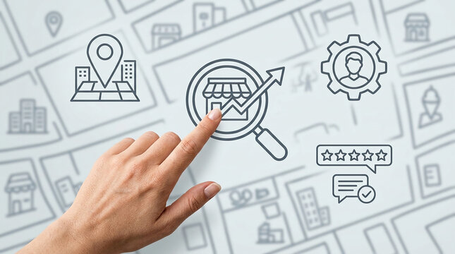 Digital Marketing and Local Business SEO Strategy Concept with Hand Selecting Icons for Store Performance Location Analytics and Customer Review