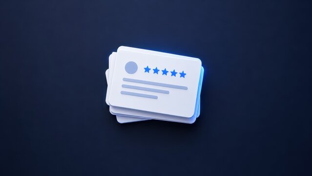 Stack of customer review cards with blue five star ratings