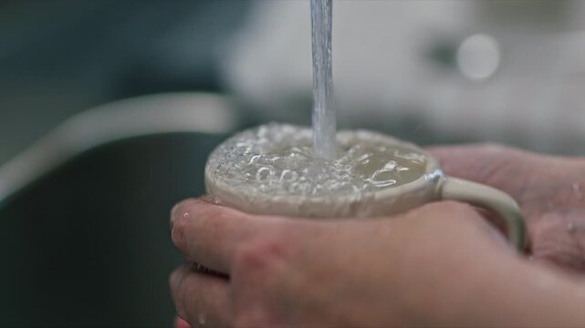 Close-up of hands holding a ceramic mug under running tap water in a kitchen sink, capturing the simple act of rinsing and everyday cleaning with natural light and shallow depth of field. 4K