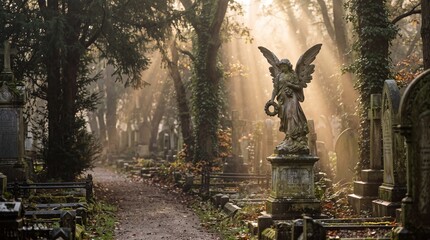 Fototapeta premium stone angel statue illuminated by heavenly sunbeams through trees in an old cemetery