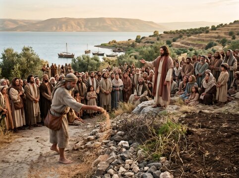 Jesus teaching parable of the sower to crowd