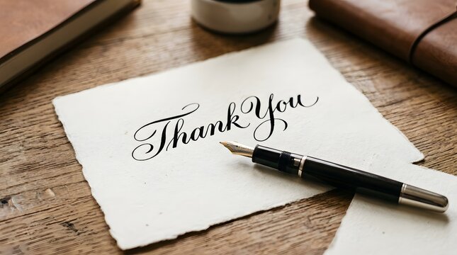 A handwritten thank you note written in elegant calligraphy on textured paper with a fountain pen on wooden desk