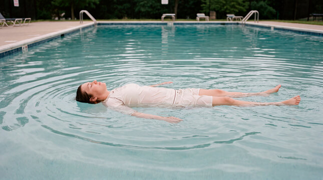 Woman floats motionless in pool fully dressed evoking surrender and release
