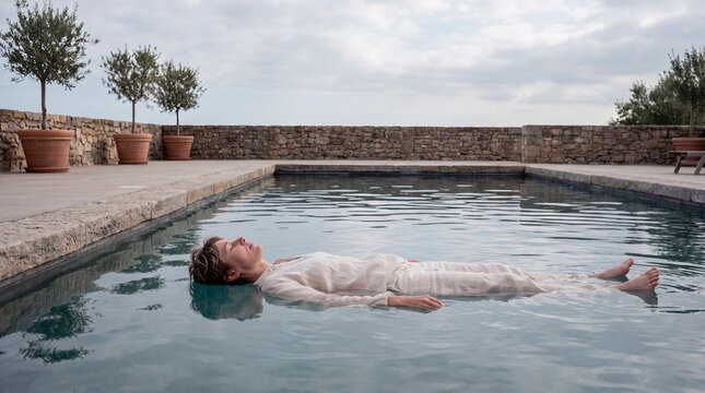 Woman floats peacefully in stone pool wearing linen surrounded by olive trees
