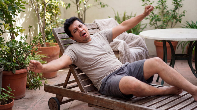 Man stretches and yawns on wooden lounger surrounded by lush patio plants