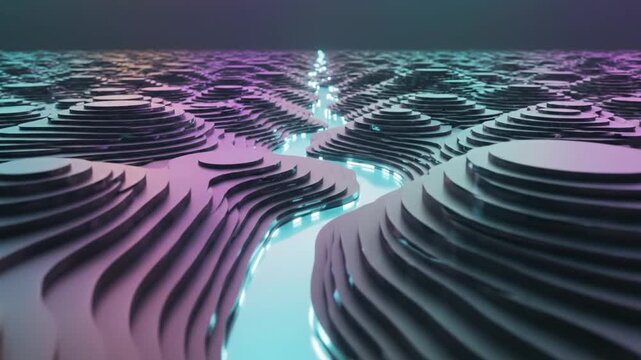 Futuristic 3D topographic landscape with a glowing blue digital river flowing through dark mountain tiers.