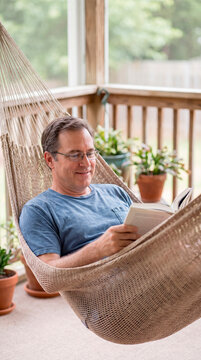 Mature man smiles while reading favorite book in hammock on screened porch retreat