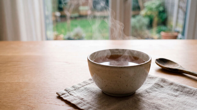 Steaming tea in ceramic bowl rests on rustic table beside rainy garden window