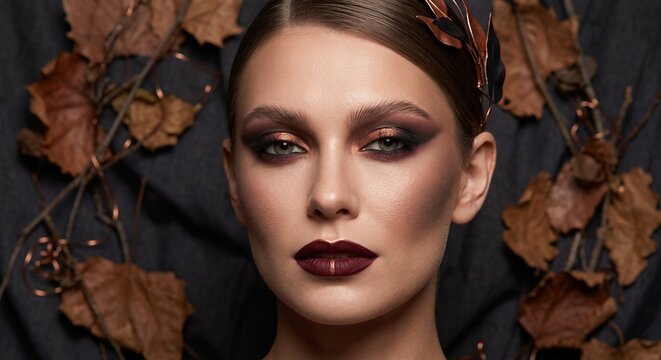 Fashion woman with dark makeup and autumn leaves