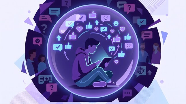 Illustration of a man in a social media filter bubble, showing digital addiction and isolation.