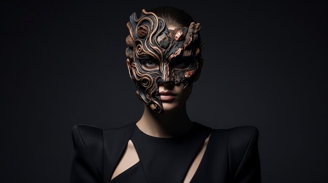 Woman wearing an artistic textured mask on dark background