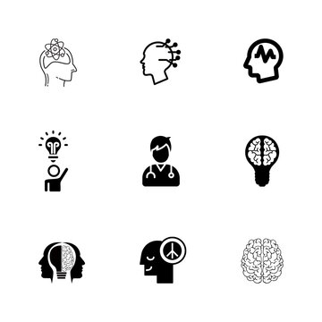 Human mind and brain conceptual icon collection, set of intellectual thinking and medical symbols for technology and psychology designs, high quality vector set on transparent background PNG
