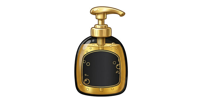 Black and gold shampoo bottle with pump dispenser isolated on transparent background