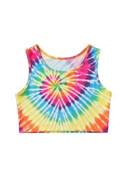 Colorful tie dye crop top shirt with a bright spiral pattern for summer fashion and style isolated on transparent background