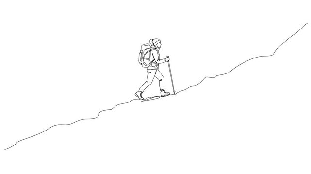 animated continuous one line drawing of woman hiking up a mountain trail with a backpack and trekking pole, line art animation